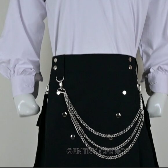 Traditional Scottish Cargo Kilt Utility Knee length skirts with Silver Chains - Picture 1 of 12